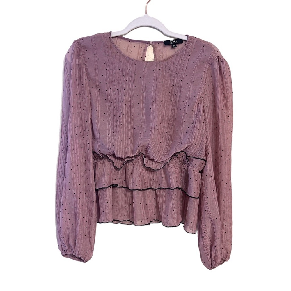 OHS Clothing Women’s Long Sleeve Swiss Dot Peplum Blouse in Mauve Size Medium